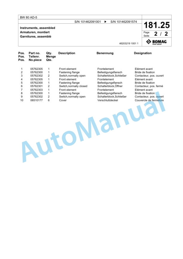 Bomag BW 80 AD-5 Tandem Vibratory Roller Spare Parts Catalogue 00825283-5