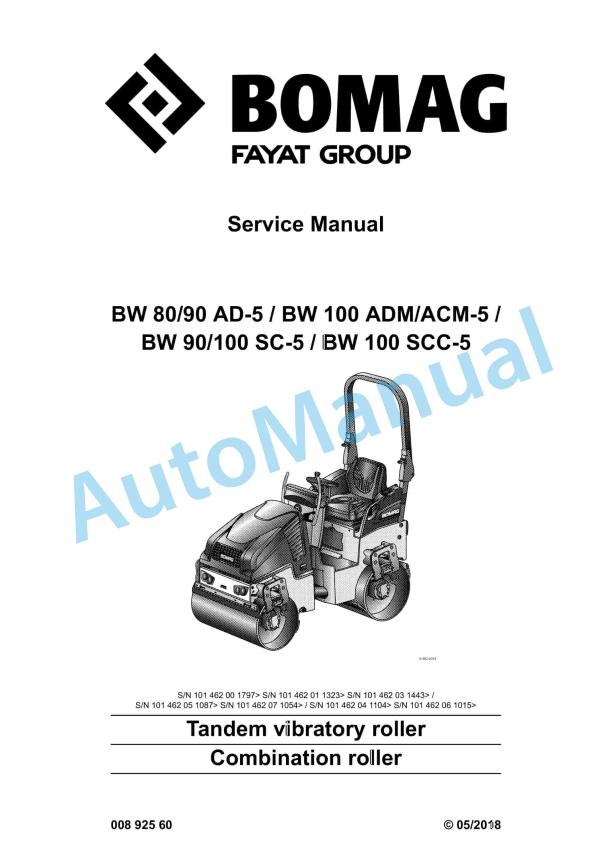 Bomag BW 80 AD-5 to BW 100 SCC-5 Tandem Vibratory Roller Service Manual 00892560