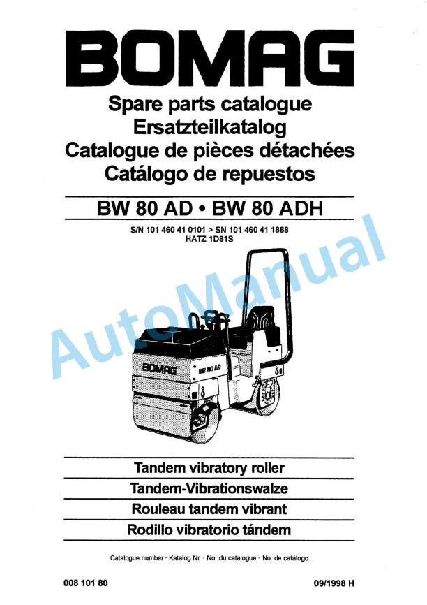 Bomag BW 80 AD, BW 80 ADH Tandem Vibratory Roller Spare Parts Catalogue 00810180