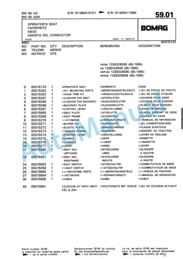 Bomag BW 80 AD, BW 80 ADH Tandem Vibratory Roller Spare Parts Catalogue 00810180-3