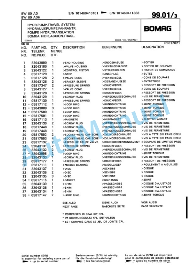 Bomag BW 80 AD, BW 80 ADH Tandem Vibratory Roller Spare Parts Catalogue 00810180-5