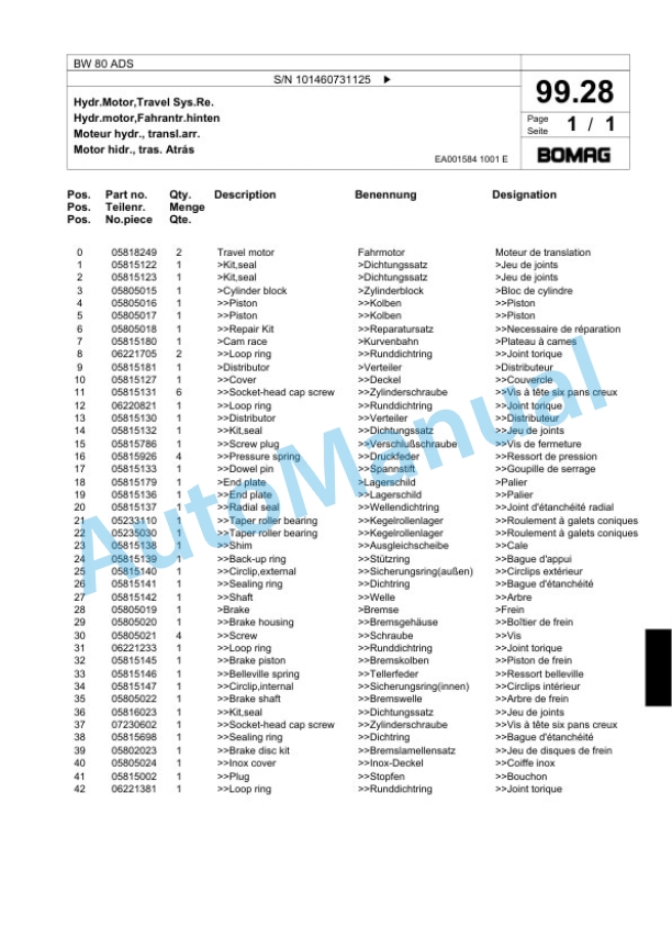 Bomag BW 80 ADS Combination Roller Spare Parts Catalogue 00817567-5