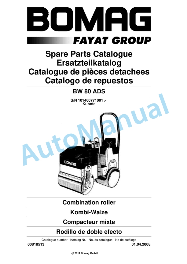 Bomag BW 80 ADS Combination Roller Spare Parts Catalogue 00818513