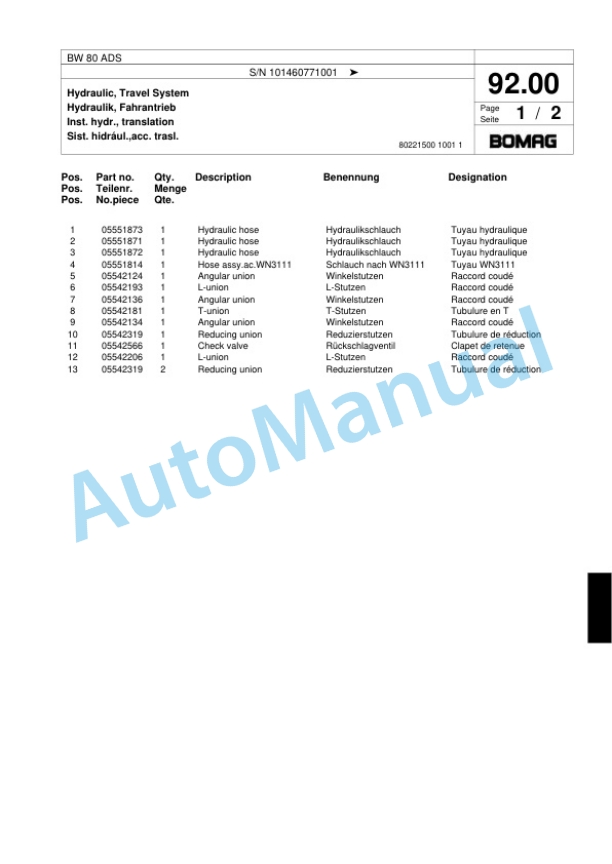 Bomag BW 80 ADS Combination Roller Spare Parts Catalogue 00818513-3