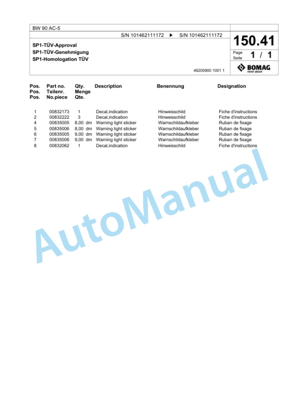 Bomag BW 90 AC-5 Combination Roller Spare Parts Catalogue 00825287-3