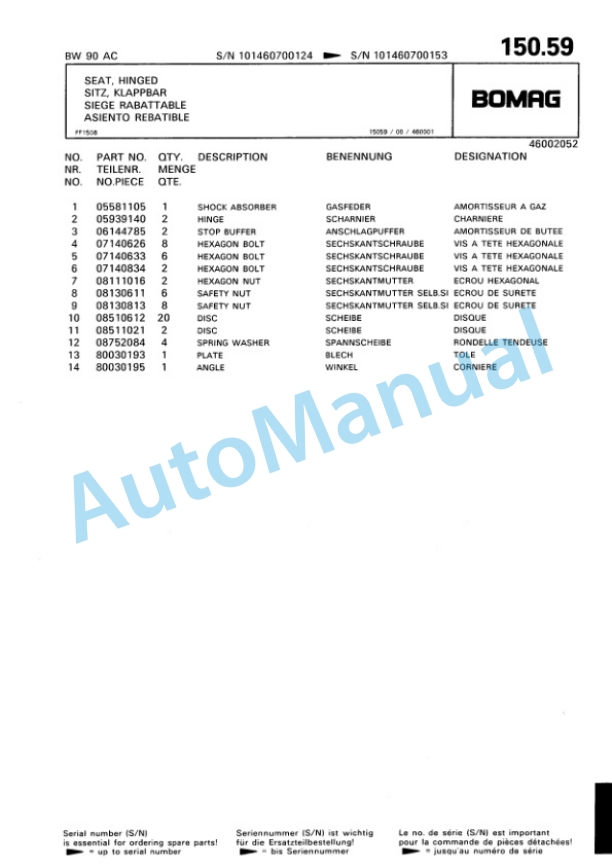 Bomag BW 90 AC, BW 90 ADS Combination Roller Spare Parts Catalogue 00810000-5