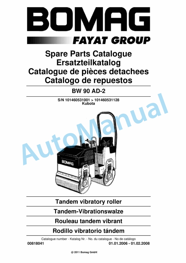 Bomag BW 90 AD-2 Tandem Vibratory Roller Spare Parts Catalogue 00818041