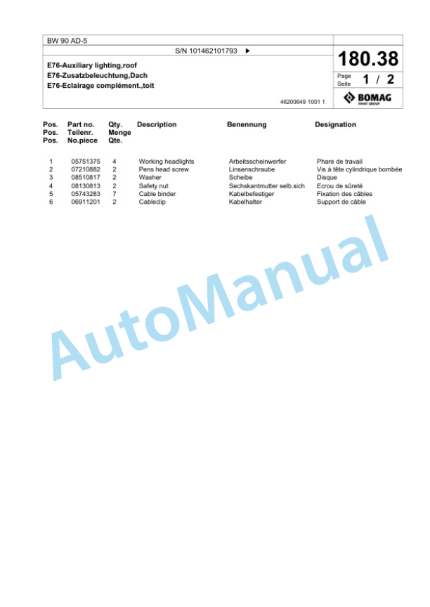 Bomag BW 90 AD-5 Tandem Vibratory Roller Spare Parts Catalogue 00825285-4