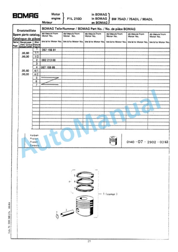 Bomag BW 90 AD, BW 90 ADL Double Vibratory Roller Spare Parts Catalogue 00810770-4