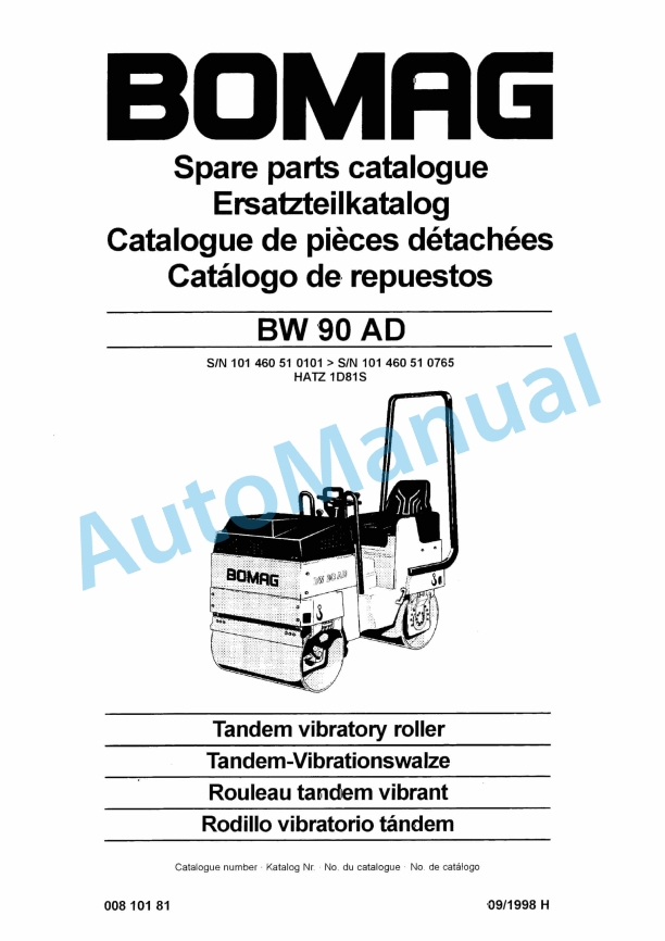 Bomag BW 90 AD Tandem Vibratory Roller Spare Parts Catalogue 00810181