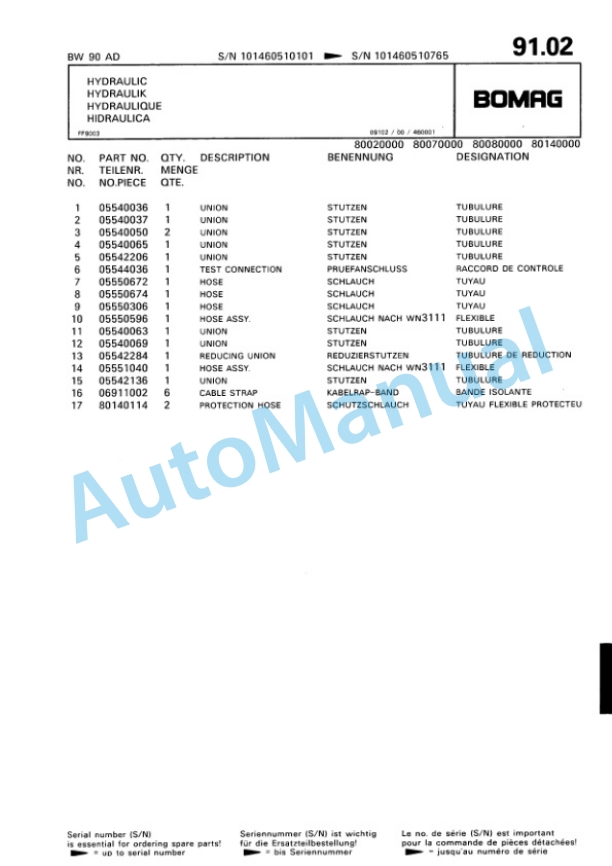 Bomag BW 90 AD Tandem Vibratory Roller Spare Parts Catalogue 00810181-3