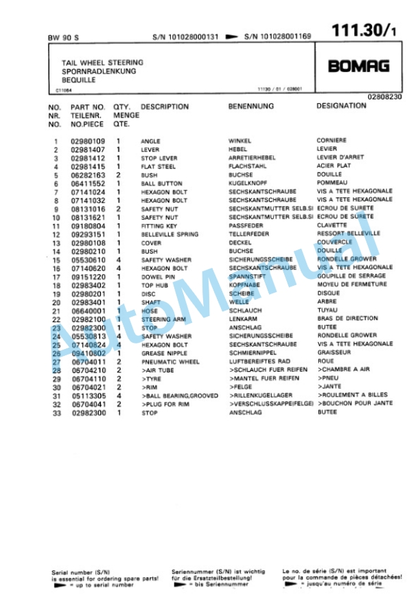 Bomag BW 90 S Double Vibratory Roller Spare Parts Catalogue 00810016-3