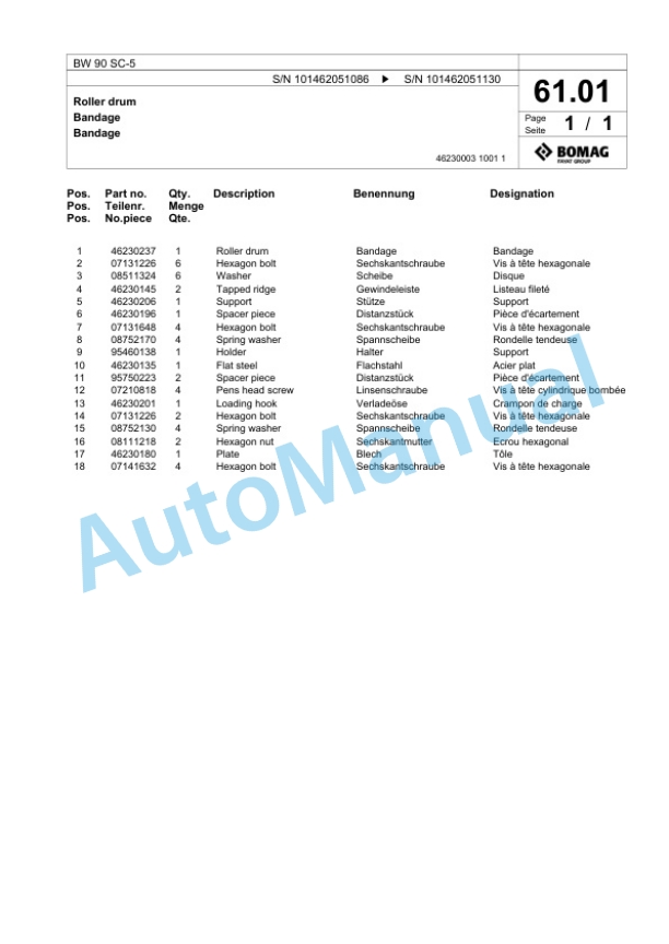 Bomag BW 90 SC-5 Tandem Vibratory Roller Spare Parts Catalogue 00824125-2