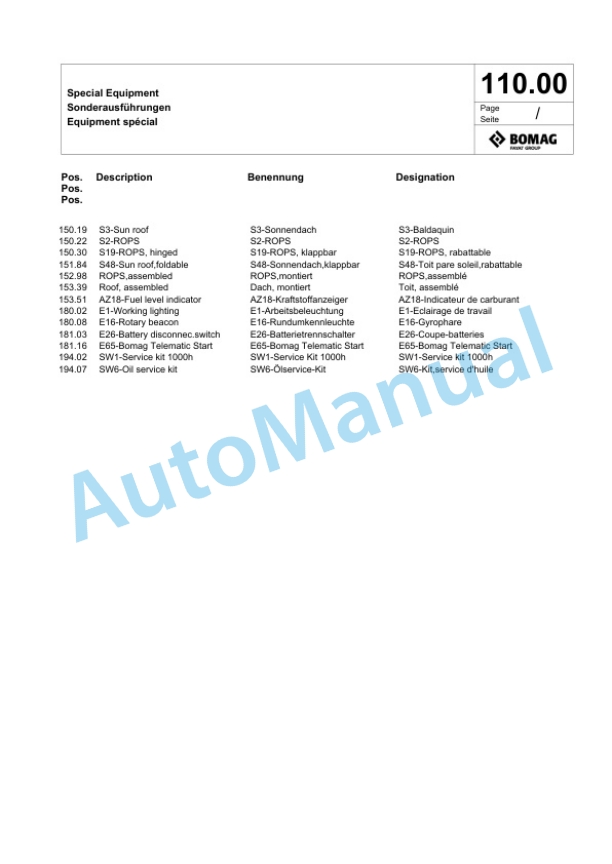 Bomag BW 90 SL-5 CC Tandem Vibratory Roller Spare Parts Catalogue 00826783-5