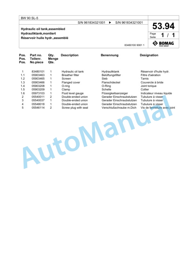 Bomag BW 90 SL-5 Tandem Vibratory Roller Spare Parts Catalogue 00826551-2