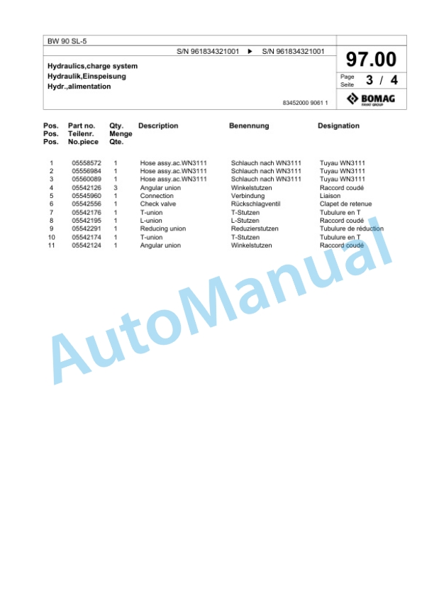 Bomag BW 90 SL-5 Tandem Vibratory Roller Spare Parts Catalogue 00826551-4