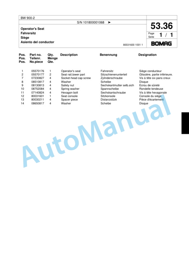 Bomag BW 900-2 Tandem Vibratory Roller Spare Parts Catalogue 00817597-2