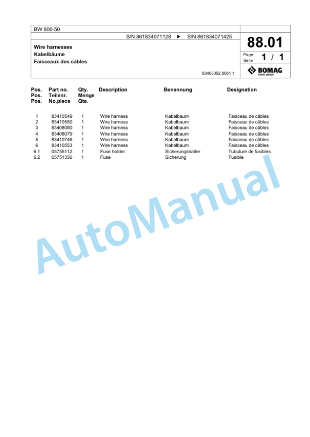 Bomag BW 900-50 Tandem Vibratory Roller Spare Parts Catalogue 00818921-4