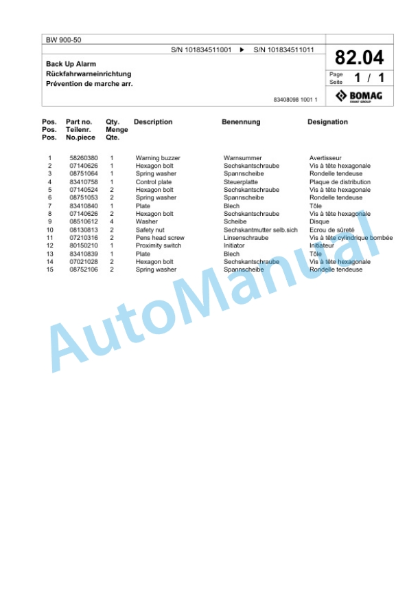 Bomag BW 900-50 Tandem Vibratory Roller Spare Parts Catalogue 00825617-4