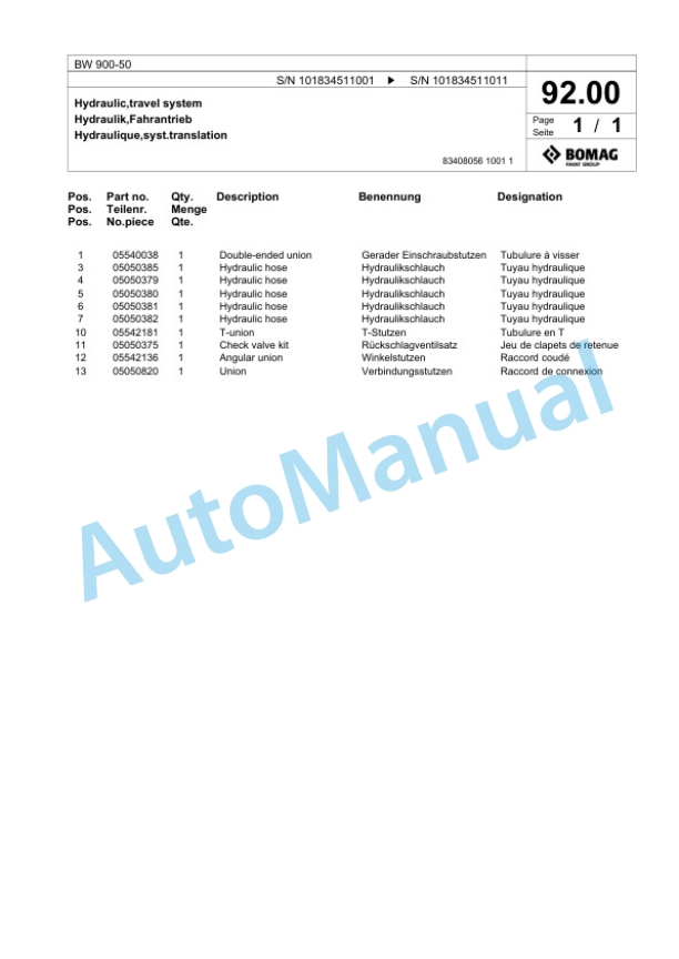 Bomag BW 900-50 Tandem Vibratory Roller Spare Parts Catalogue 00825617-5
