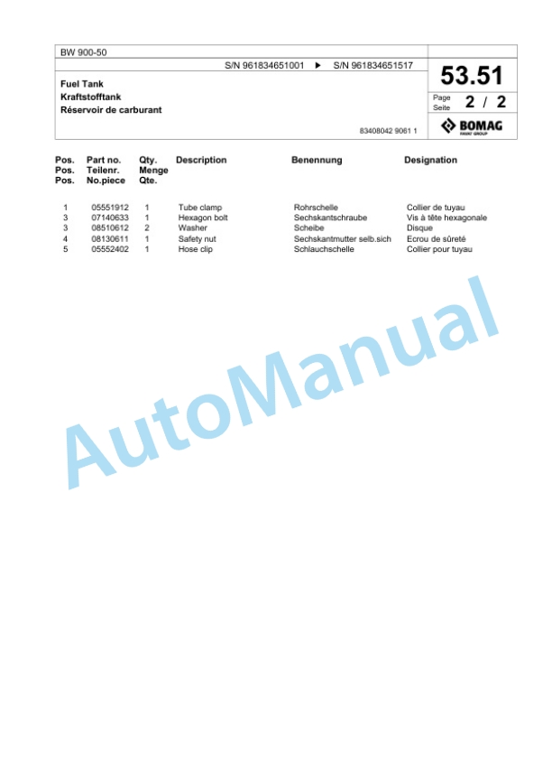 Bomag BW 900-50 Tandem Vibratory Roller Spare Parts Catalogue 00826539-2
