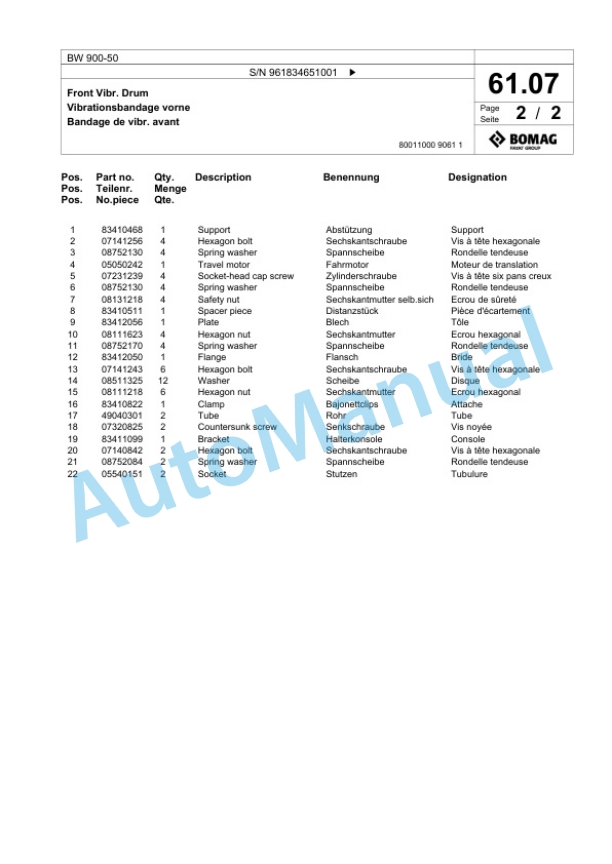 Bomag BW 900-50 Tandem Vibratory Roller Spare Parts Catalogue 00826539-3