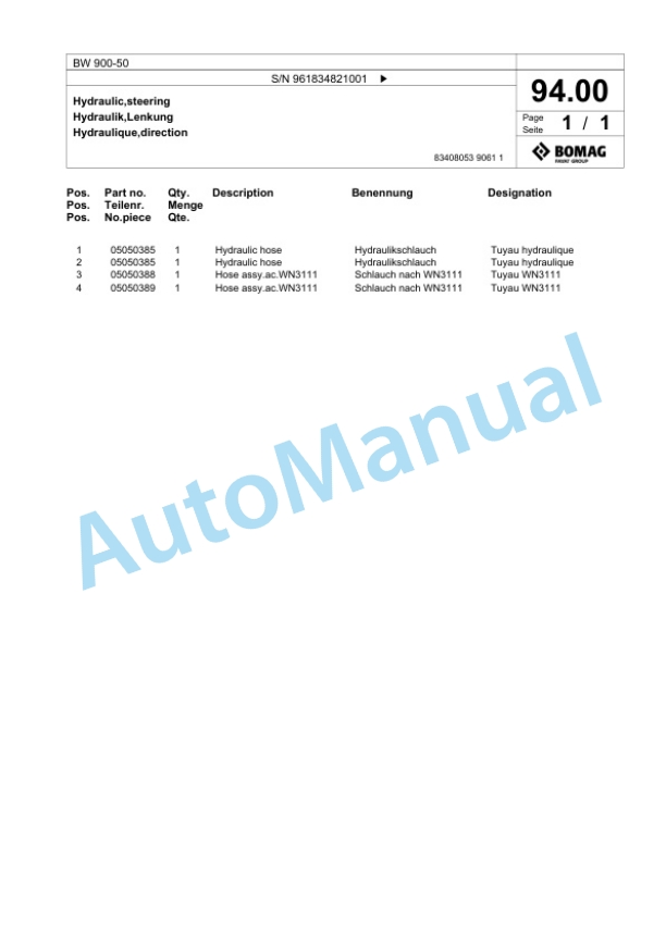 Bomag BW 900-50 Tandem Vibratory Roller Spare Parts Catalogue 00827119-5