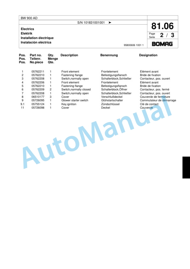 Bomag BW 900 AD Tandem Vibratory Roller Spare Parts Catalogue 00817570-4