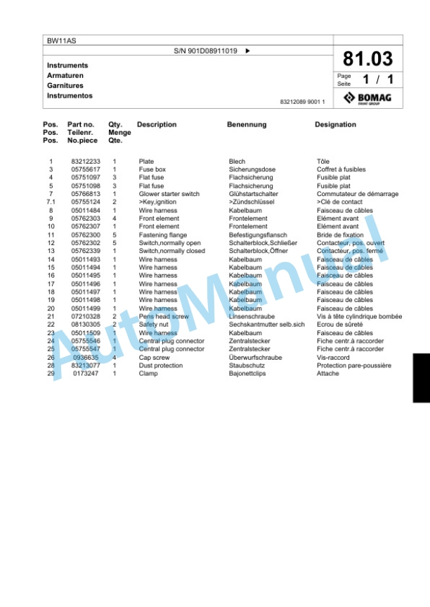 Bomag BW11AS Steel Wheel Roller Spare Parts Catalogue 00818625-3