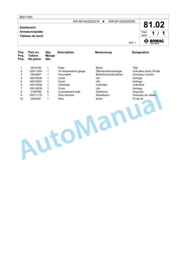 Bomag BW11RH Pneumatic Tyred Roller Spare Parts Catalogue 00817893-2