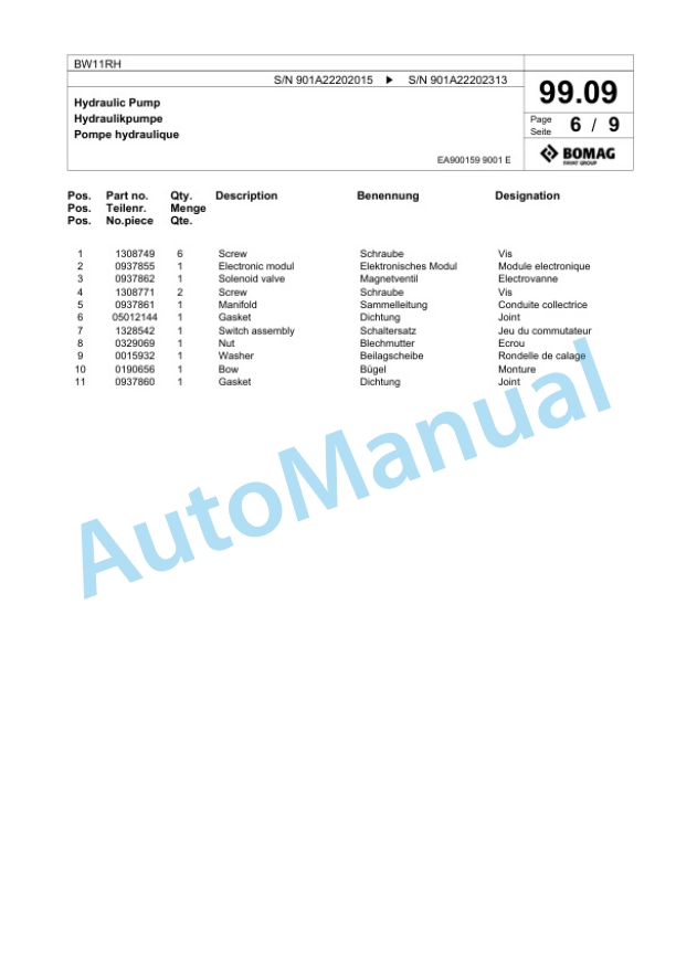 Bomag BW11RH Pneumatic Tyred Roller Spare Parts Catalogue 00817893-4
