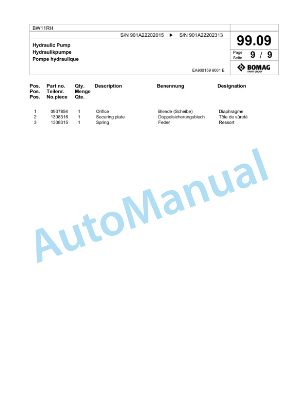 Bomag BW11RH Pneumatic Tyred Roller Spare Parts Catalogue 00817893-5