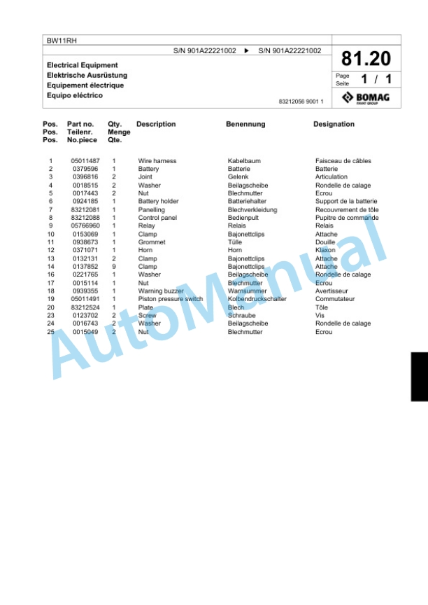Bomag BW11RH Pneumatic Tyred Roller Spare Parts Catalogue 00818825-3