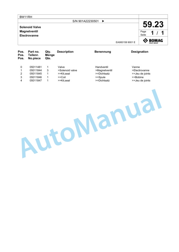 Bomag BW11RH Pneumatic Tyred Roller Spare Parts Catalogue 00818879-2