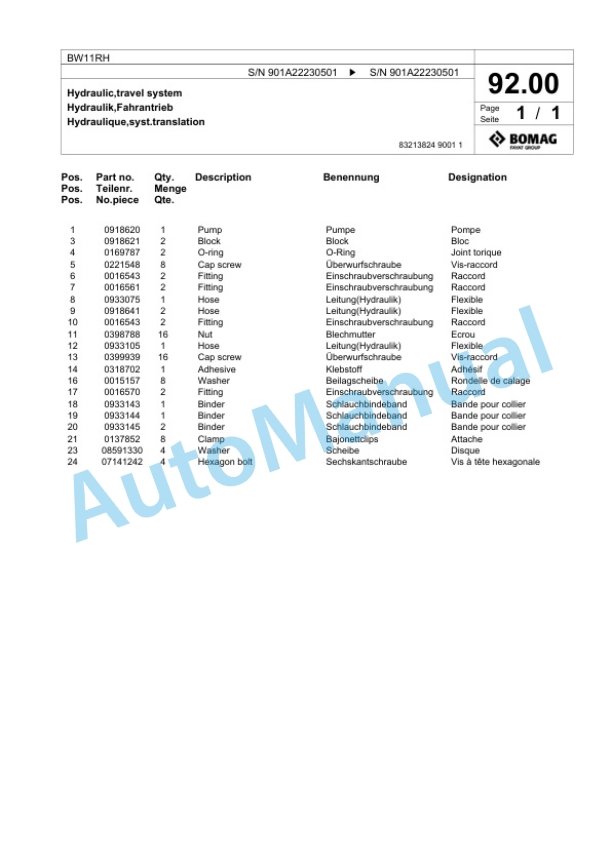 Bomag BW11RH Pneumatic Tyred Roller Spare Parts Catalogue 00818879-3