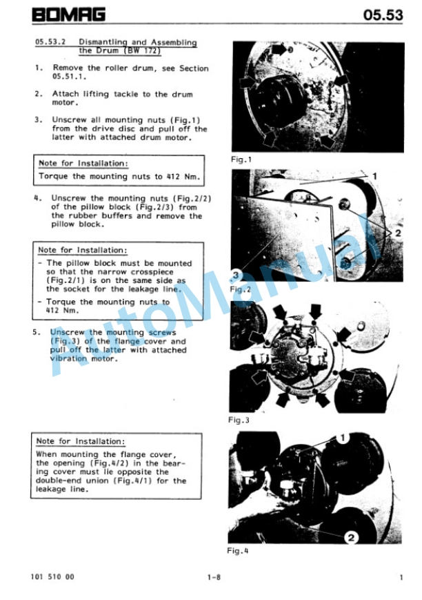 Bomag BW141 to BW171 PD Single Drum Wheel Drive Vibratory Roller Repair Instructions 00819084-3