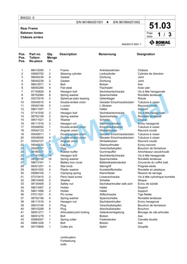 Bomag BW222-5 Single Drum Wheel Drive Vibratory Roller Spare Parts Catalogue 00826611-2