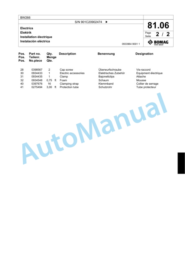 Bomag BW266 Tandem Vibratory Roller Spare Parts Catalogue 00817895-4