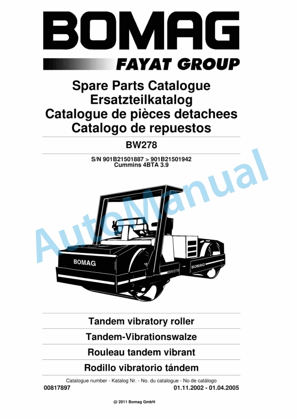 Bomag BW278 Tandem Vibratory Roller Spare Parts Catalogue 00817897