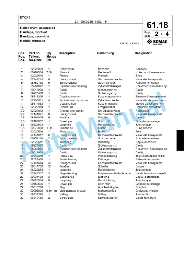 Bomag BW278 Tandem Vibratory Roller Spare Parts Catalogue 00818929-2