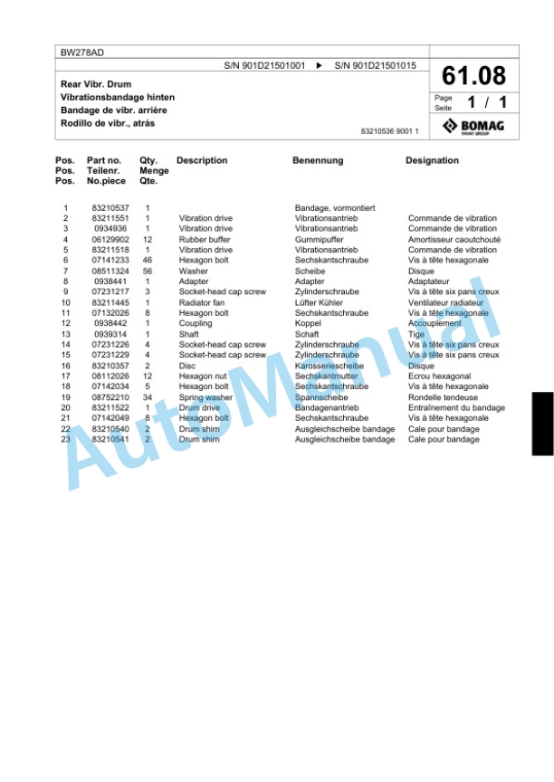Bomag BW278AD Tandem Vibratory Roller Spare Parts Catalogue 00818531-2