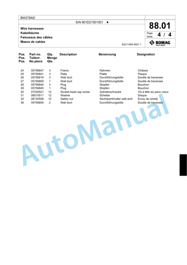 Bomag BW278AD Tandem Vibratory Roller Spare Parts Catalogue 00818531-3