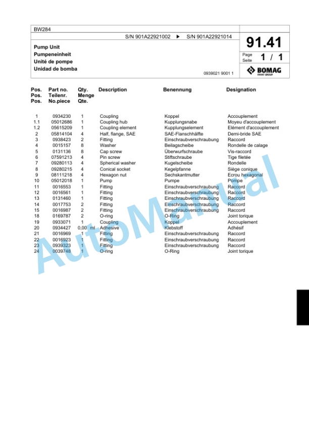 Bomag BW284 Tandem Vibratory Roller Spare Parts Catalogue 00824665-3