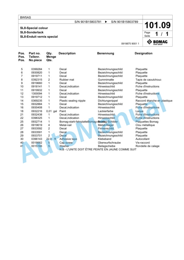 Bomag BW5AS Steel Wheel Roller Spare Parts Catalogue 00817871-3