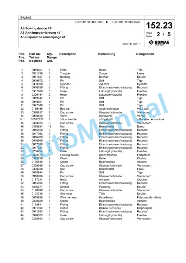 Bomag BW5AS Steel Wheel Roller Spare Parts Catalogue 00817871-5