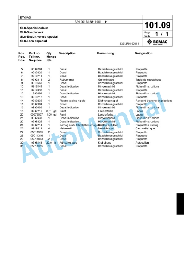 Bomag BW5AS Steel Wheel Roller Spare Parts Catalogue 00818617-3