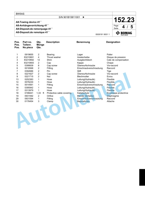 Bomag BW5AS Steel Wheel Roller Spare Parts Catalogue 00818617-5