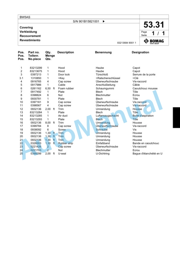Bomag BW5AS Steel Wheel Roller Spare Parts Catalogue 00818977-3