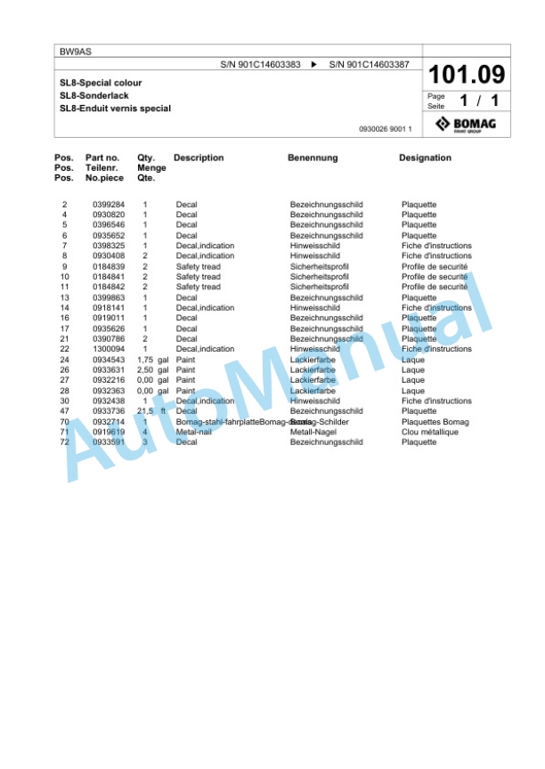 Bomag BW9AS Steel Wheel Roller Spare Parts Catalogue 00817889-4