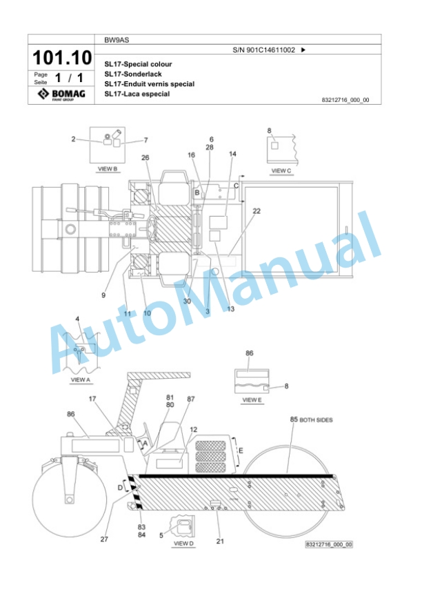 Bomag BW9AS Steel Wheel Roller Spare Parts Catalogue 00818621-5